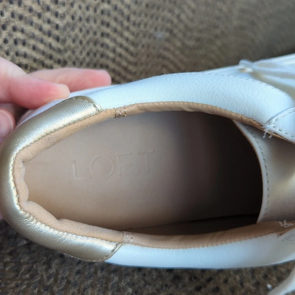 White Lace-Up LOFT Sneakers with Champagne Accents, Sz 9 - Picture 3 of 7